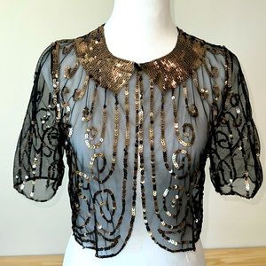 An Original MILLY of New York, Sheer Black, Shawl w/ Decorative Gold Sequins